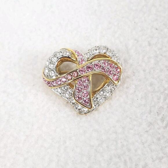 Vintage SWAROVSKI Pink & Clear Crystal Heart Breast Cancer Pin - Picture 1 of 8